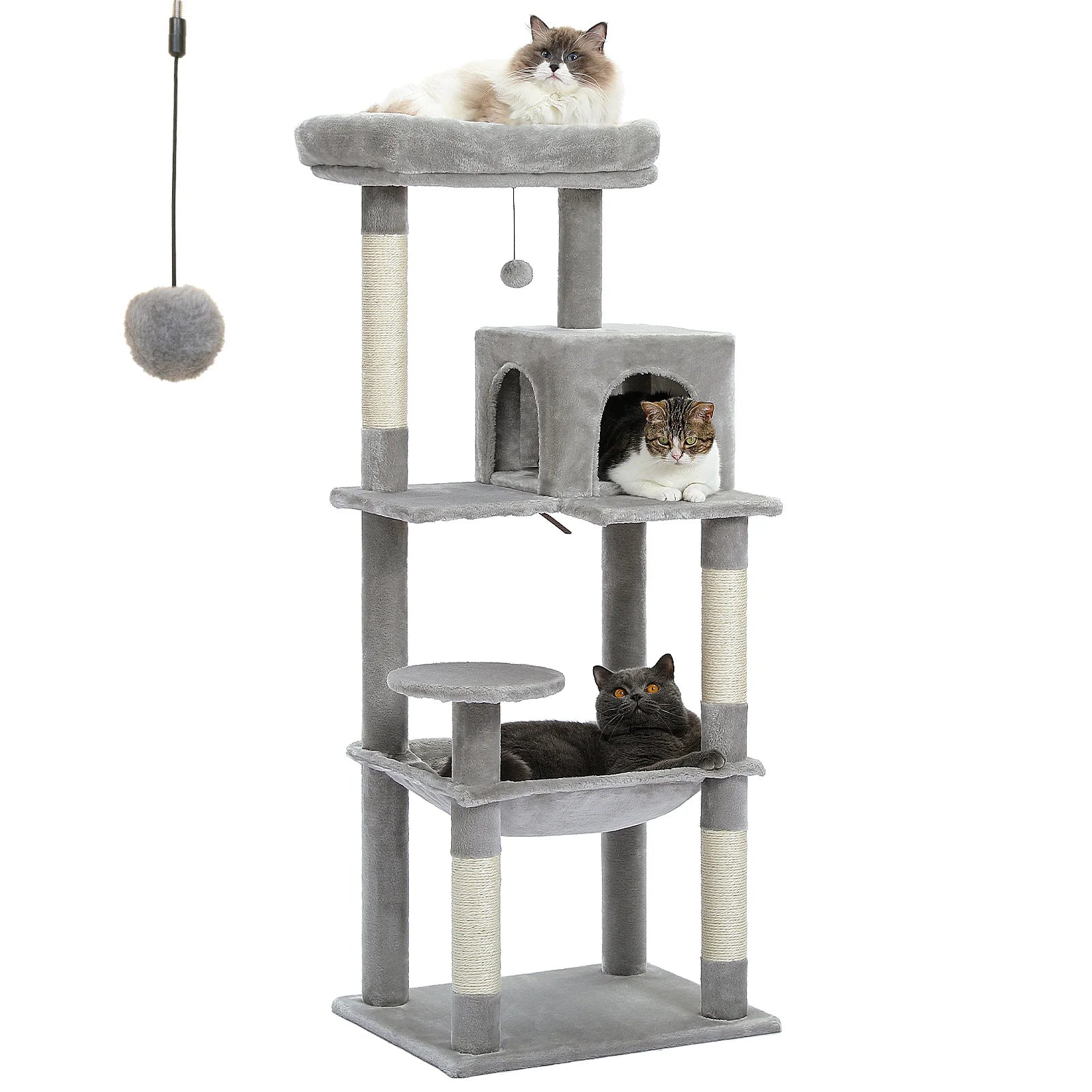 5-stufiger Kratzbaum für große Katzen – 141cm – Mit großer Hängematte & Kuschelhöhle