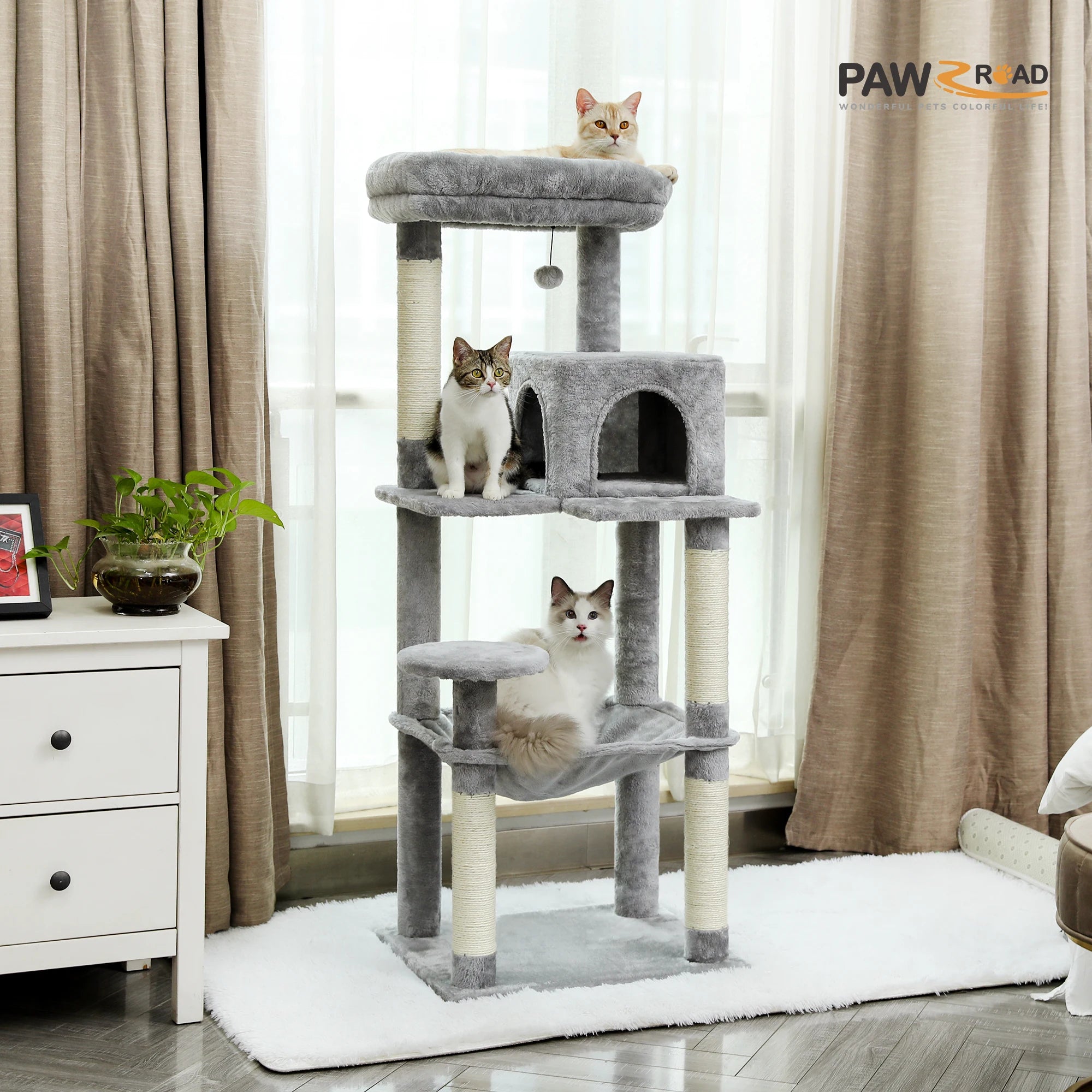 5-stufiger Kratzbaum für große Katzen – 141cm – Mit großer Hängematte & Kuschelhöhle
