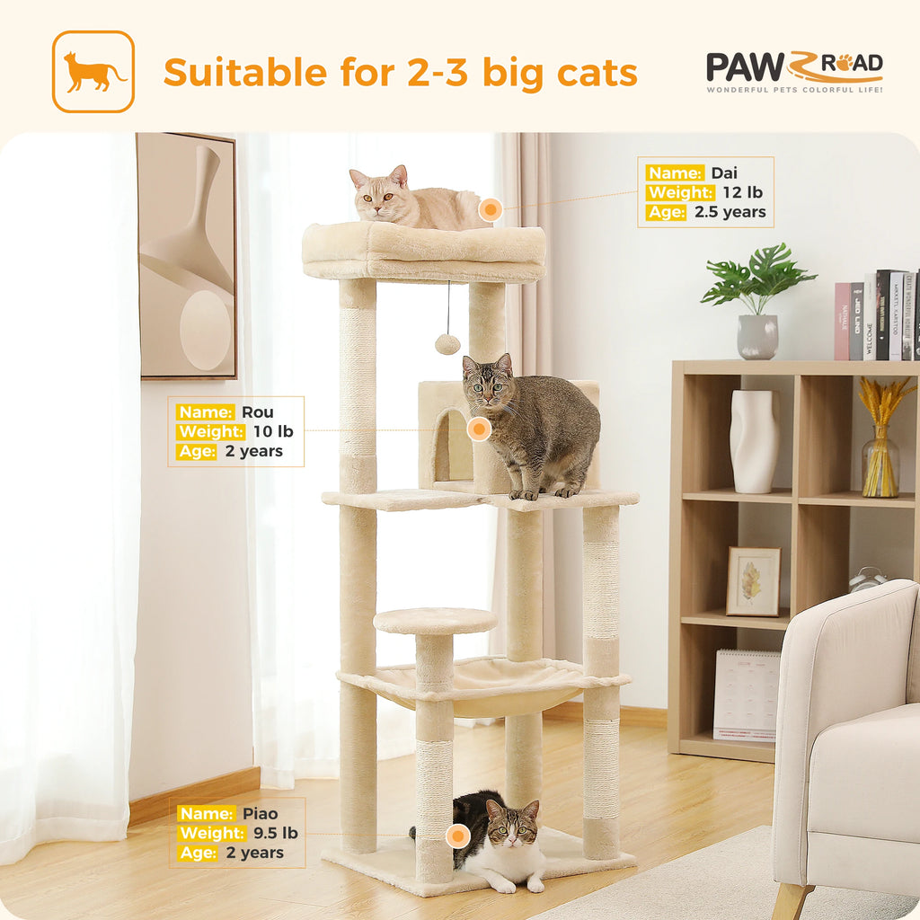 5-stufiger Kratzbaum für große Katzen – 141cm – Mit großer Hängematte & Kuschelhöhle