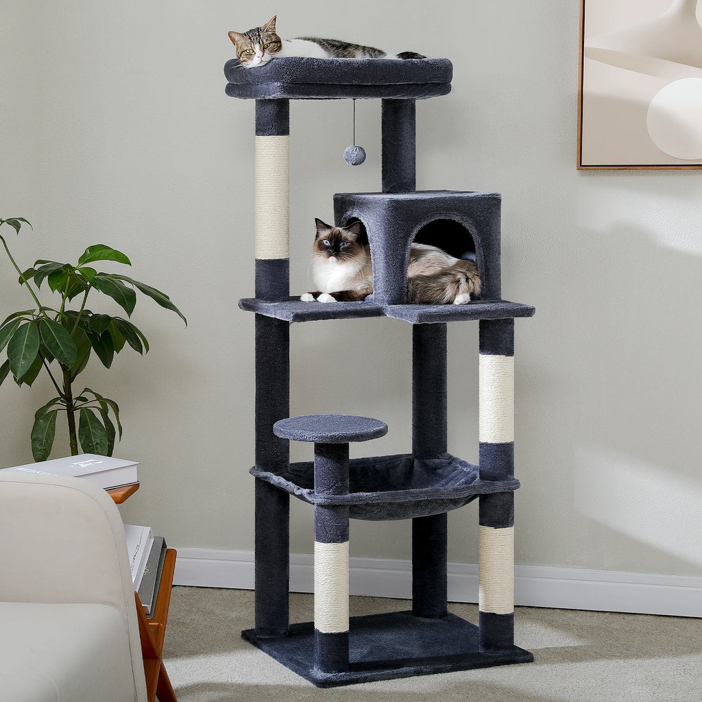 5-stufiger Kratzbaum für große Katzen – 141cm – Mit großer Hängematte & Kuschelhöhle