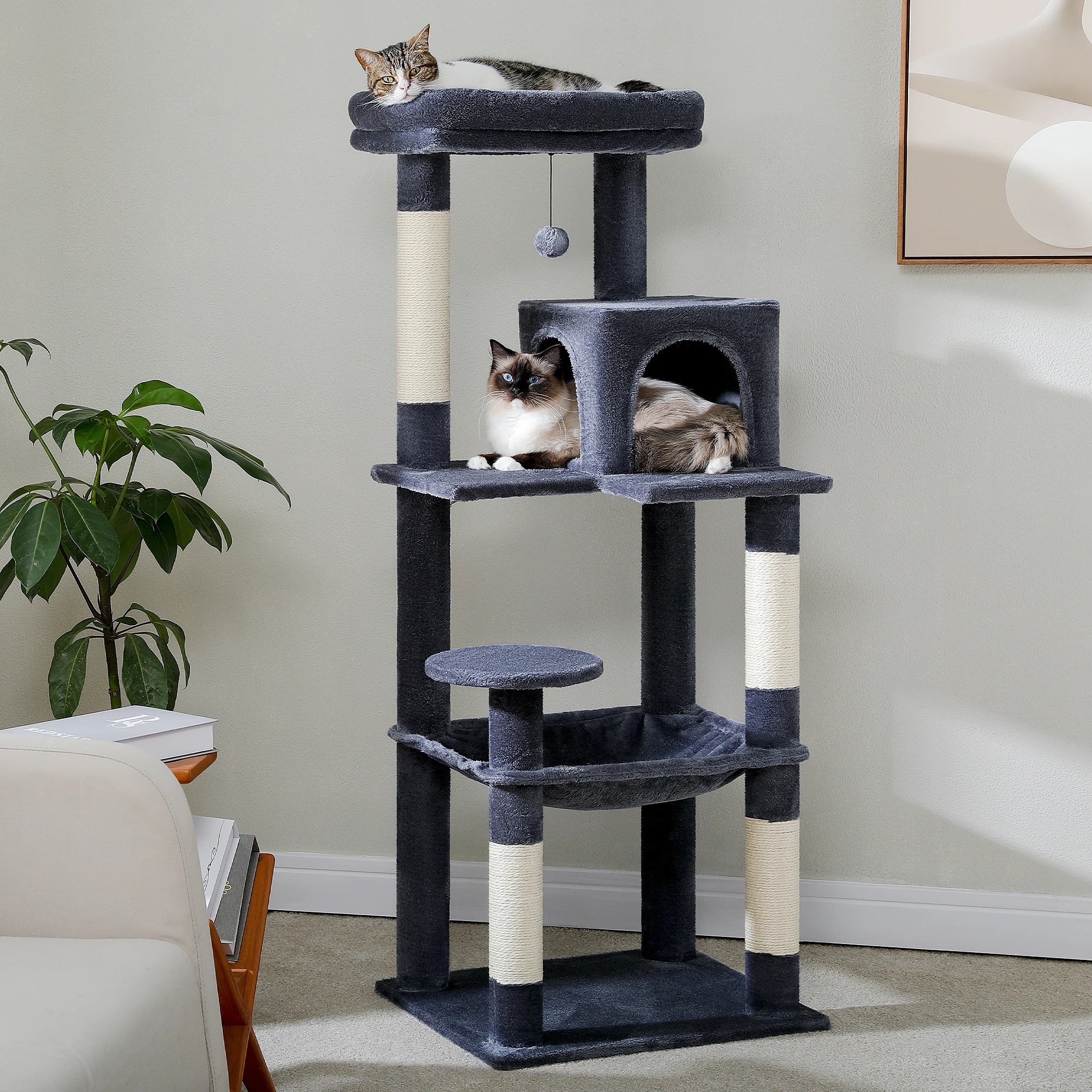 5-stufiger Kratzbaum für große Katzen – 141cm – Mit großer Hängematte & Kuschelhöhle